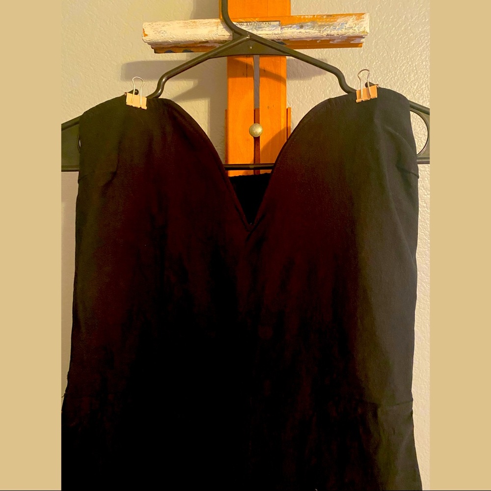 Black strapless body con stretchy pantsuit with plunging V-neck